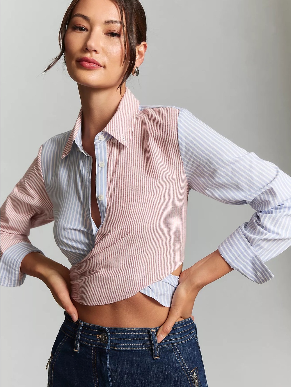 Maeve Striped Wrap Crop Button-Down — Red White Blue XXS